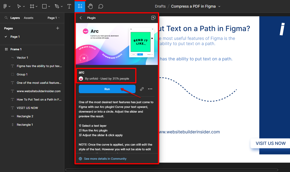 Run the arc plugin Figma