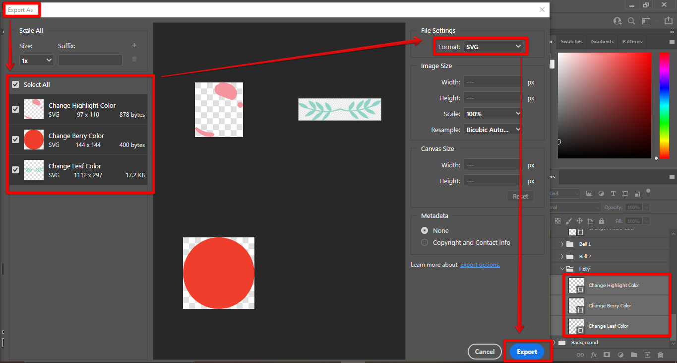 Select all layers you want to export Photoshop