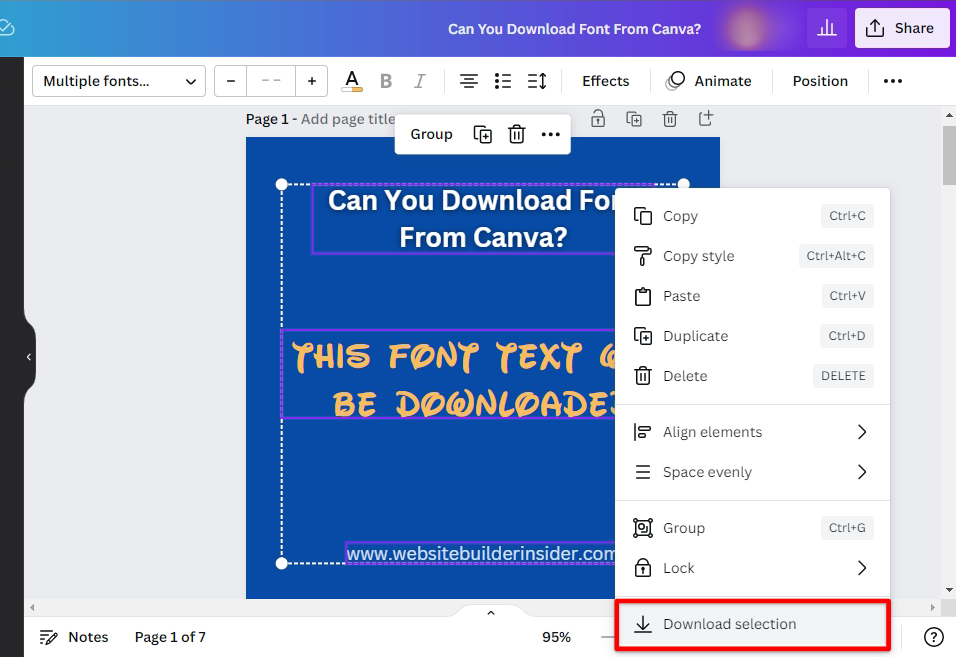 Select all your desired Canva font text then right click on it and select Download Selection from the menu