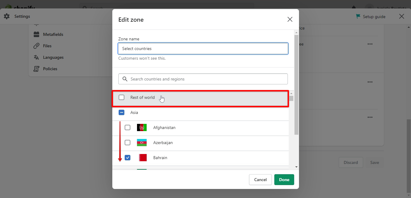 Select countries to allow in your shopify