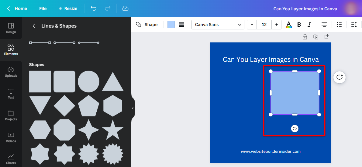 Select the element you want to be at the top layer in Canva design