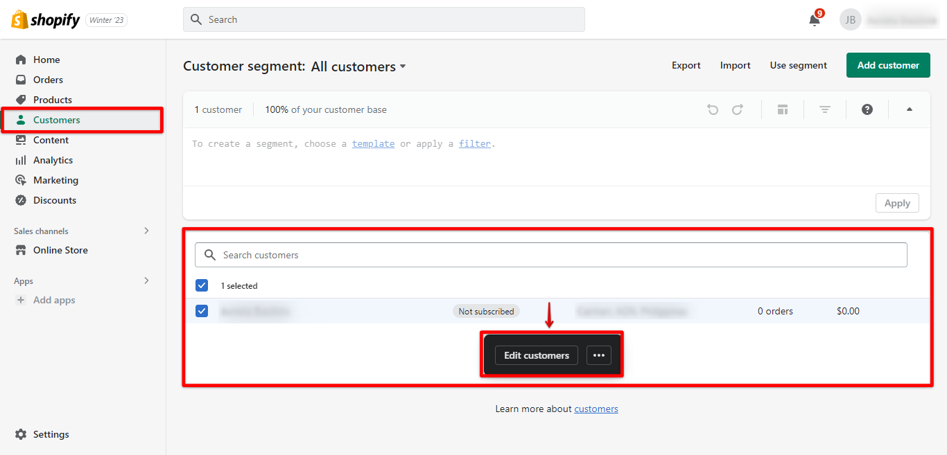 Select the name of the customer at the Shopify customer page and click Edit customer