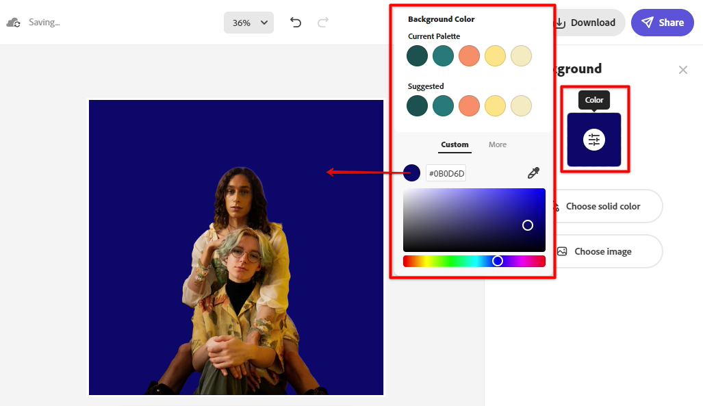 Select the Photoshop Express background color fill tool and pick the color you would like to add