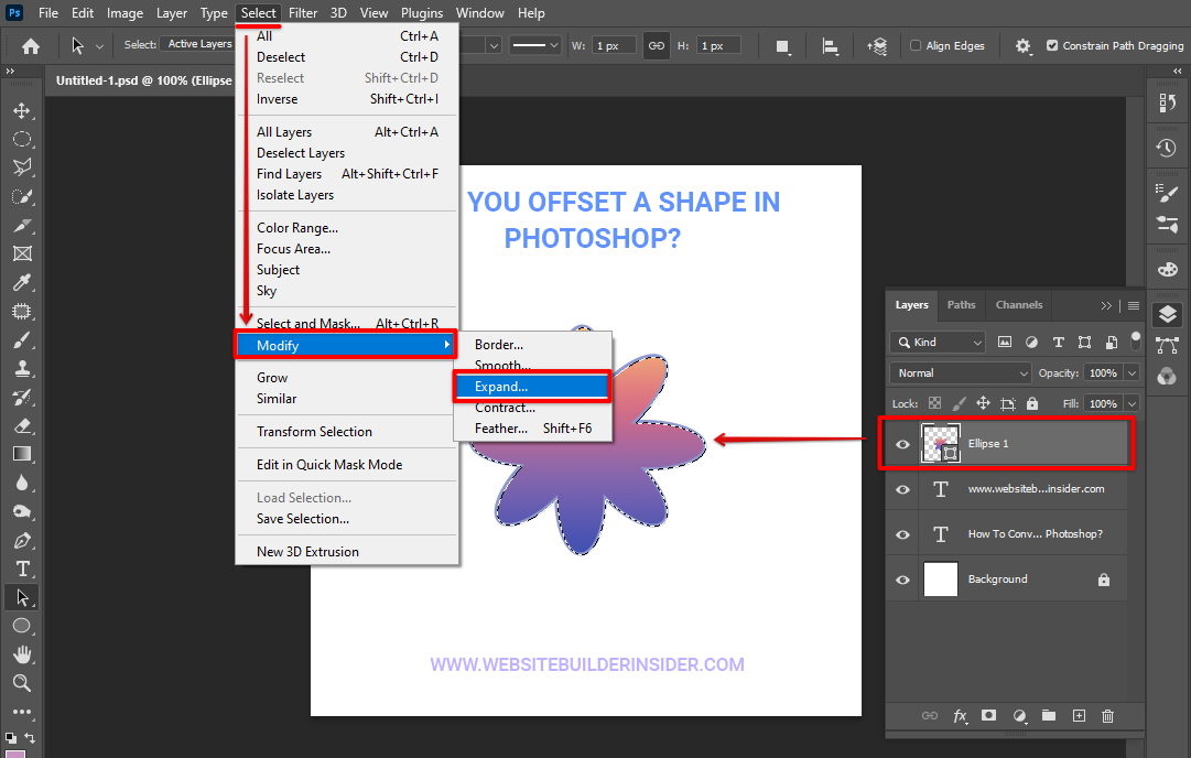 Select the Photoshop shape layer then go to Select menu and click Expand under the Modify option
