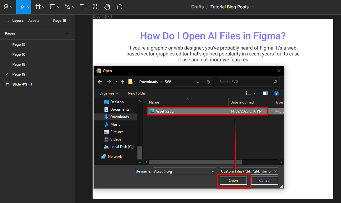 Select your AI SVG asset and click Open to Figma