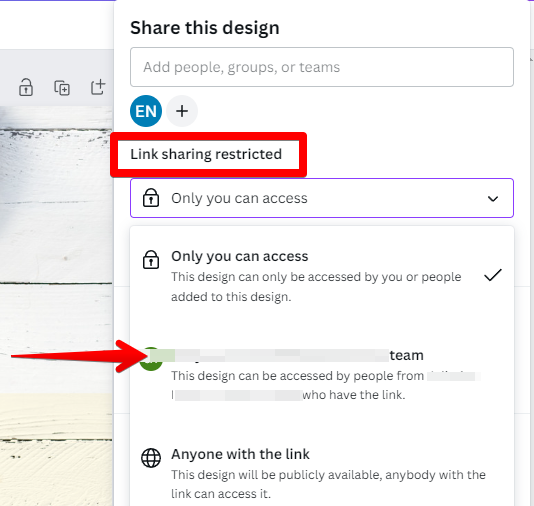 share settings in Canva