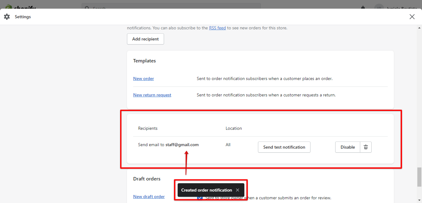 Shopify order notifications recipient email address created