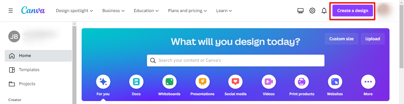 Sign in to Canva and click create a design