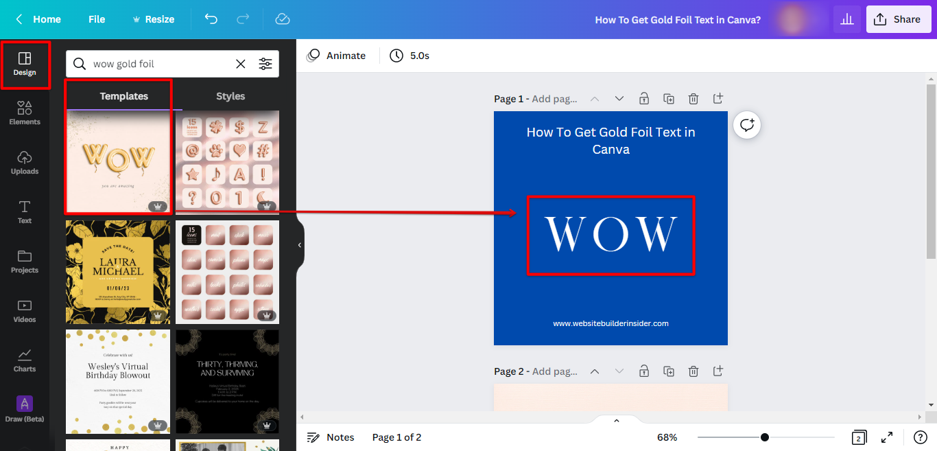 Type in your text in Canva then go to design templates tab and search for the gold foil effect