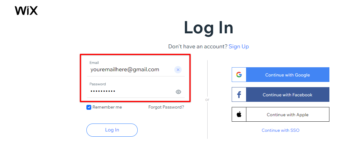 Type in your Wix email and password