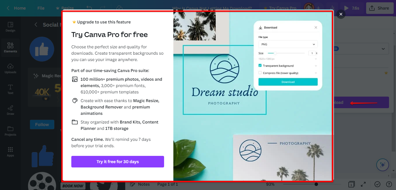 Upgrade Canva free to Pro plan so you can download the design with paid Canva stocks