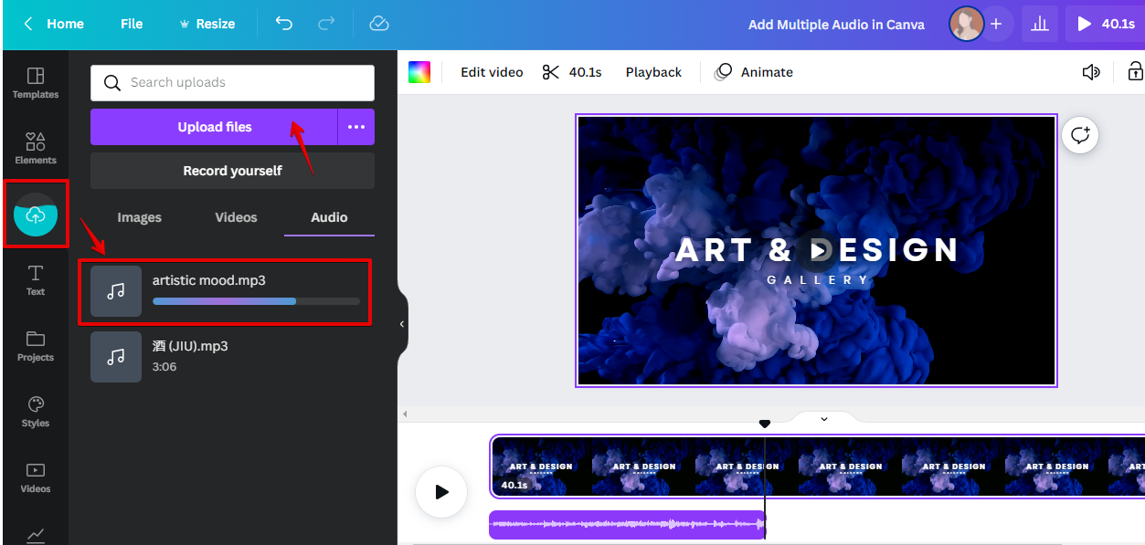 Upload audio to canva