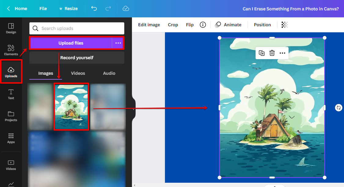 Upload your image at the Canva uploads tab and drag it to your Canva document