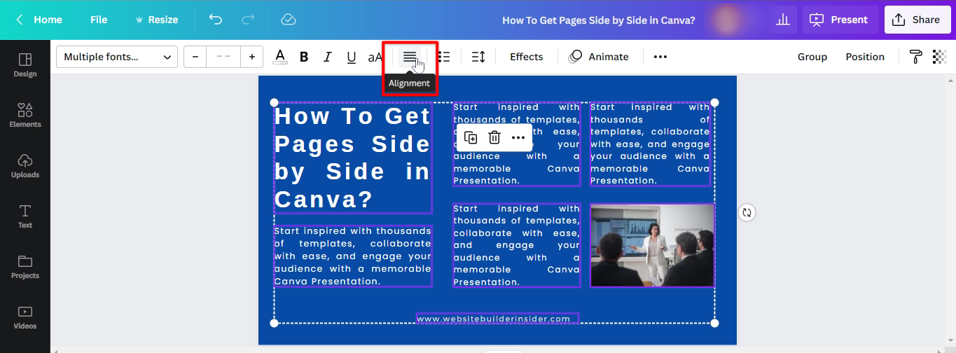 Use Canva alignment tool to arrange a multi page design