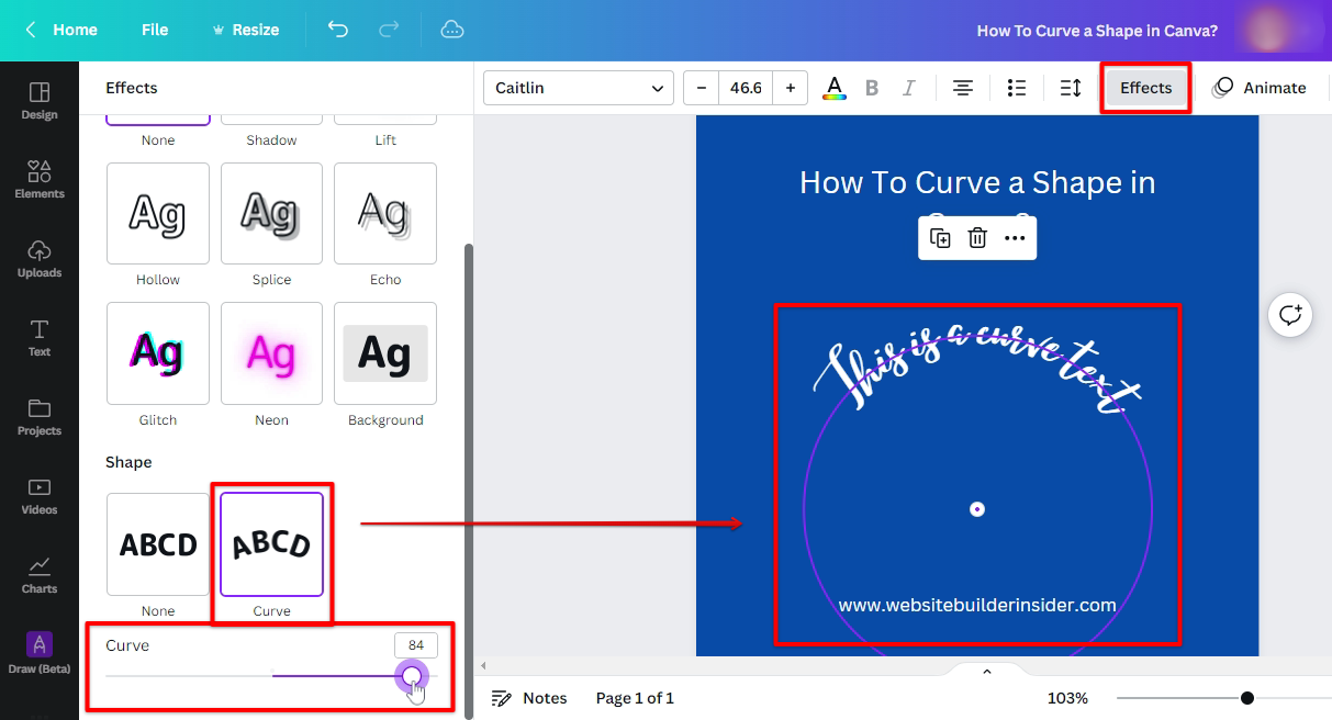 Use Canva curve text effects to create a curve shape