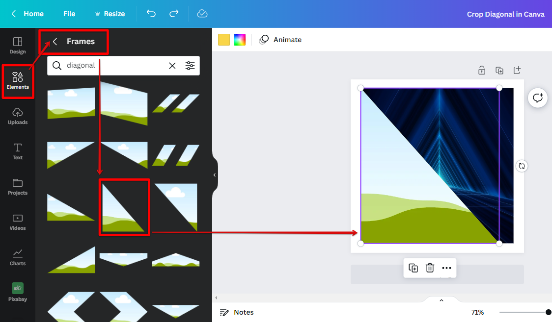 Use Canva diagonal frames to crop the image
