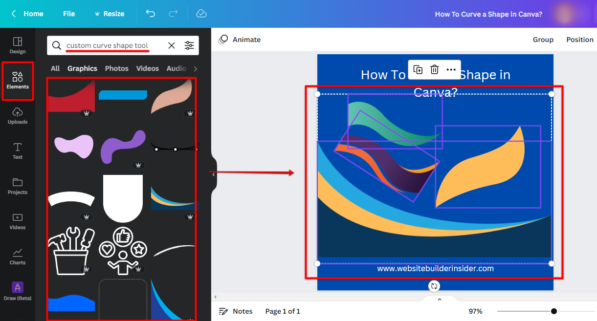 Use Canva elements tool to search for Curve shape elements