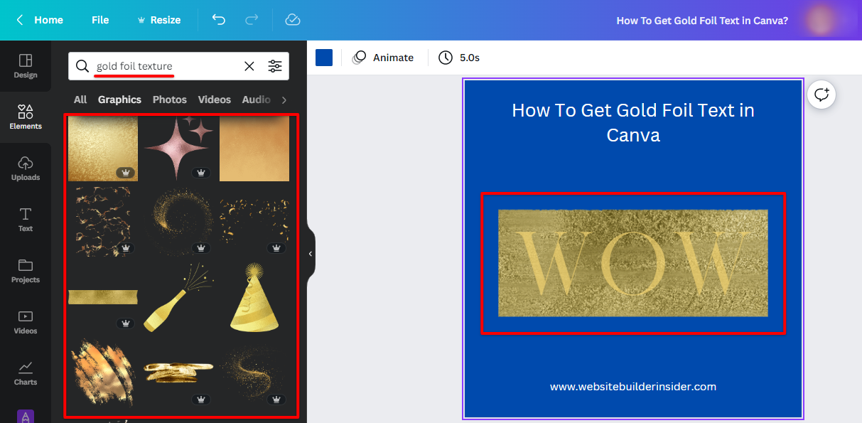 Use Canva gold foil texture to add gold texture to your text 