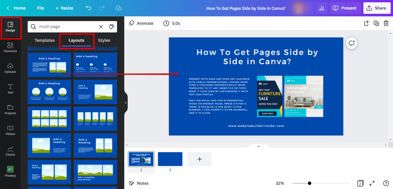 Use Canva layouts tool to create multi page style