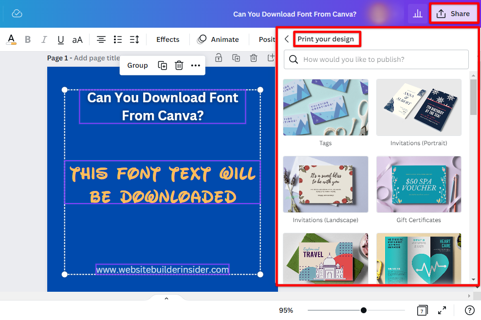 Use Canva Print Design tool to download font from Canva library