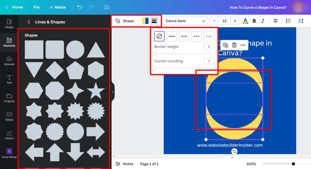 Use Canva shapes tool to create free-form curve shapes