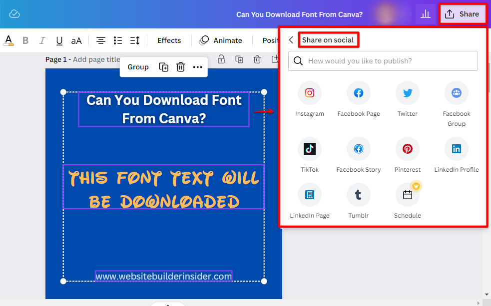 Use Canva Share on social to send a copy of the font for download to someone else