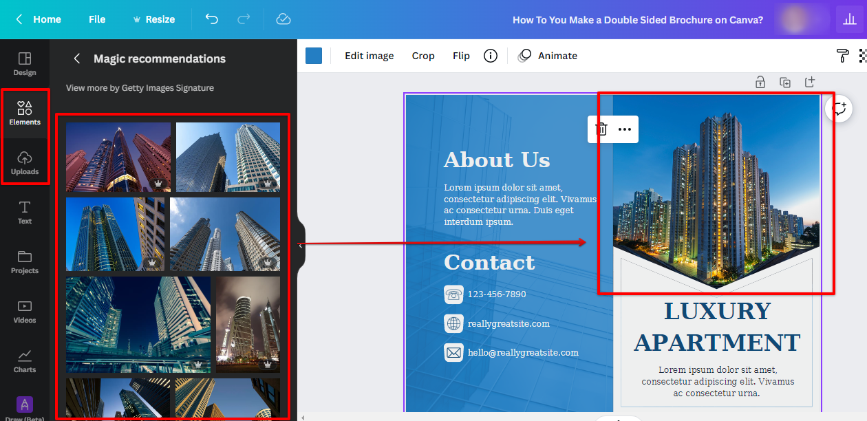 Use Canva Uploads or Elements tab to add photos to your brochure