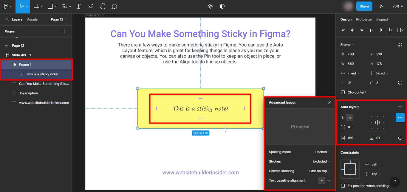 Use Figma auto layout to make a sticky object