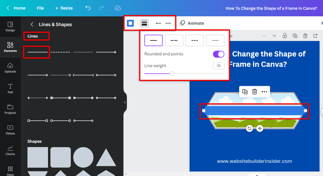 Use Line tool to change shape of a frame in Canva