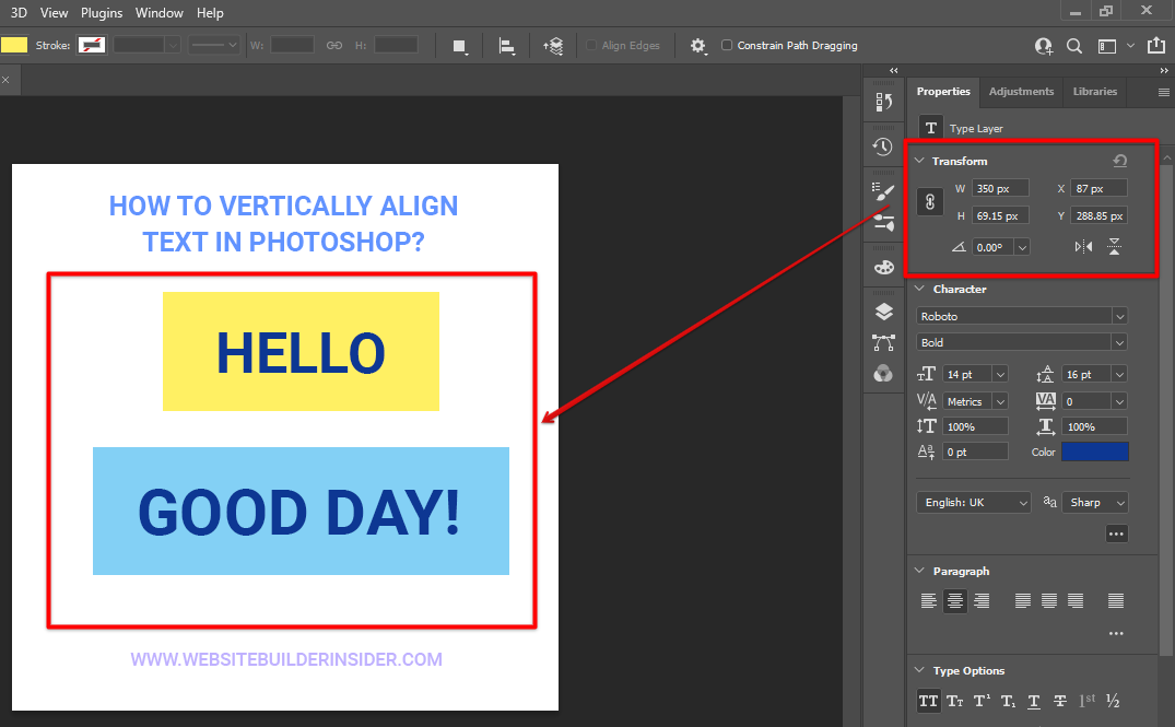 Use Photoshop transform panel to align text vertically