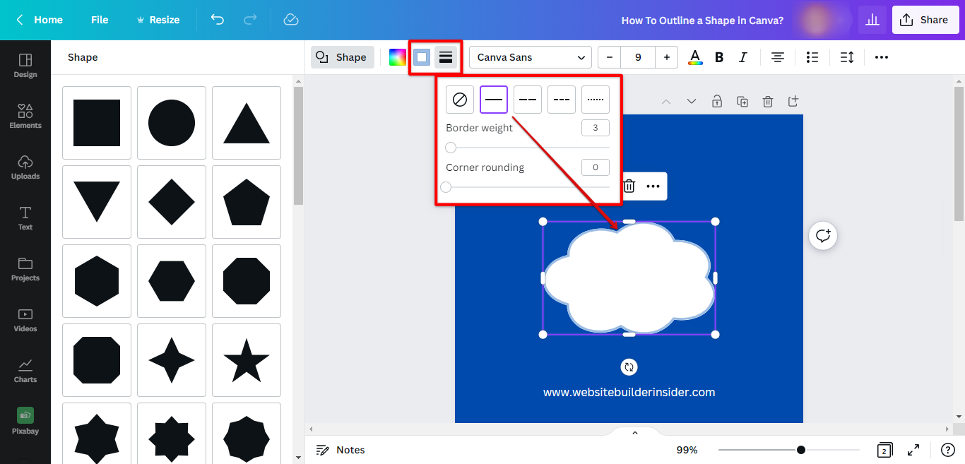 Use stroke tool to outline shape in Canva