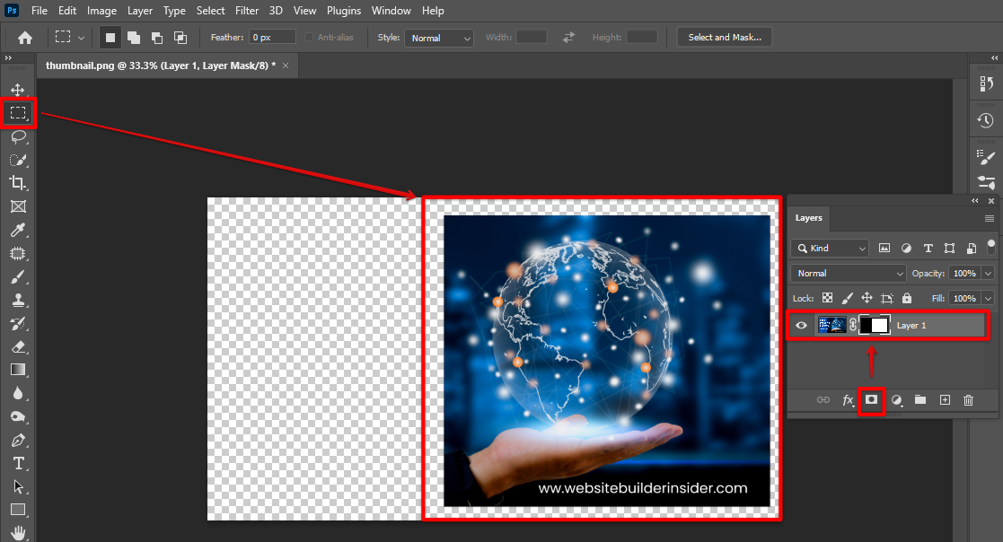 Use the Photoshop marquee tool and vector mask to crop a specific area of an image