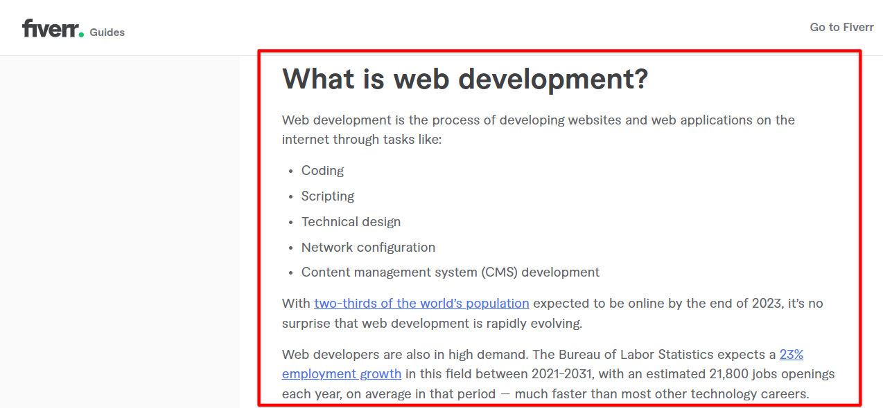 Web development job description in Fiverr