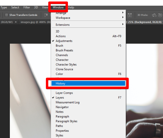 history option in adobe photoshop